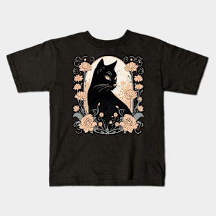 Black Cat in a Rose Garden Kids T-Shirt